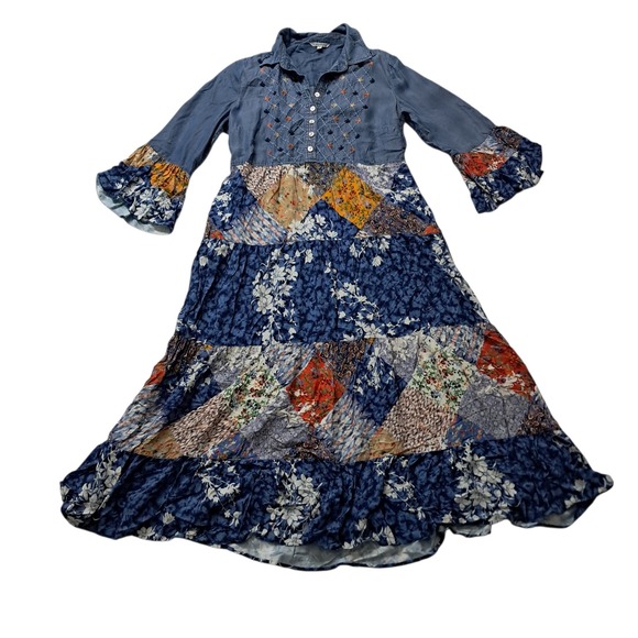 John Mark Dresses & Skirts - NWT John Mark Maxi Dress Women's Small Blue Patchwork Embroidered Boho Tiered